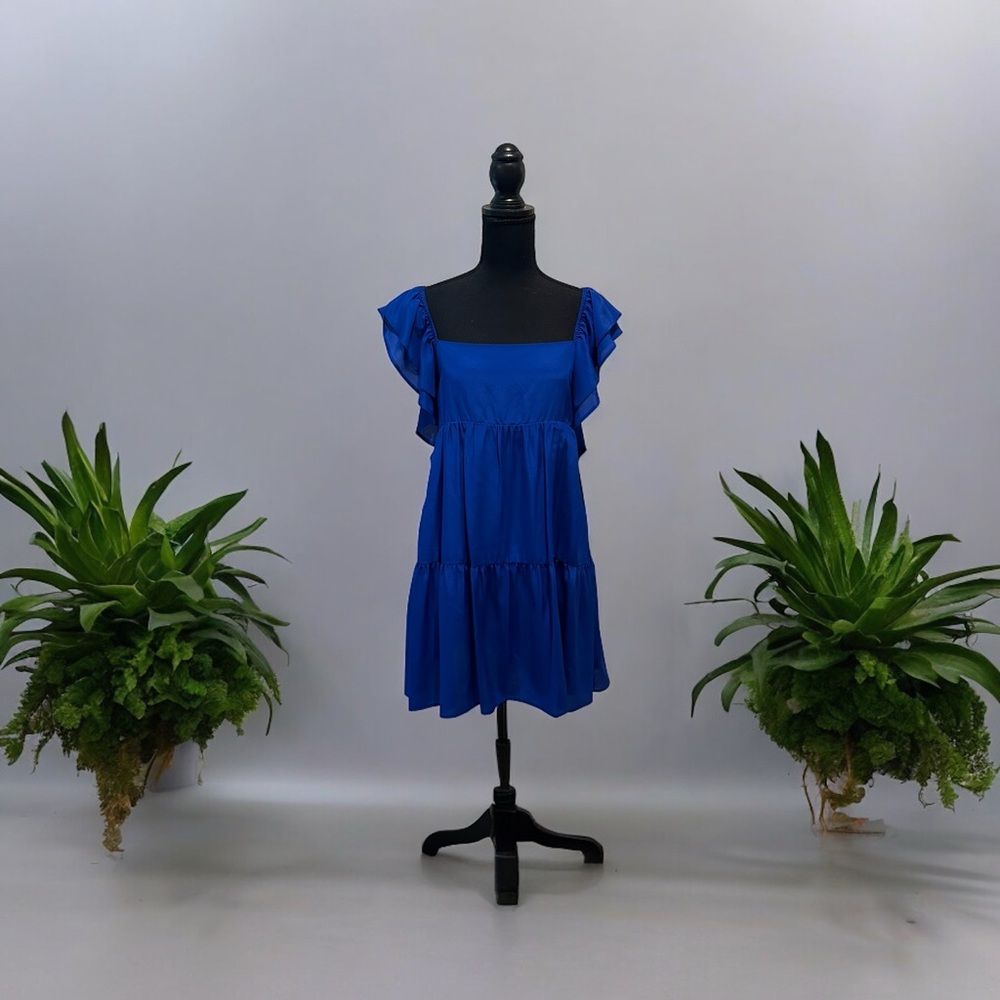 Lavender Brown Flutter Sleeve Tiered Mini-Dress (Cobalt)
